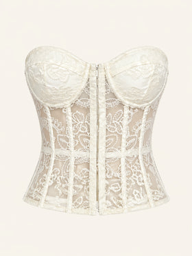 Sheer Lace Pattern Lace Corset with Lace-Up Back-Corset-Bellascena-bellascena