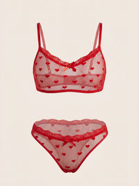 Sheer Red Heart Pattern Mesh Lingerie Set with Strappy Design