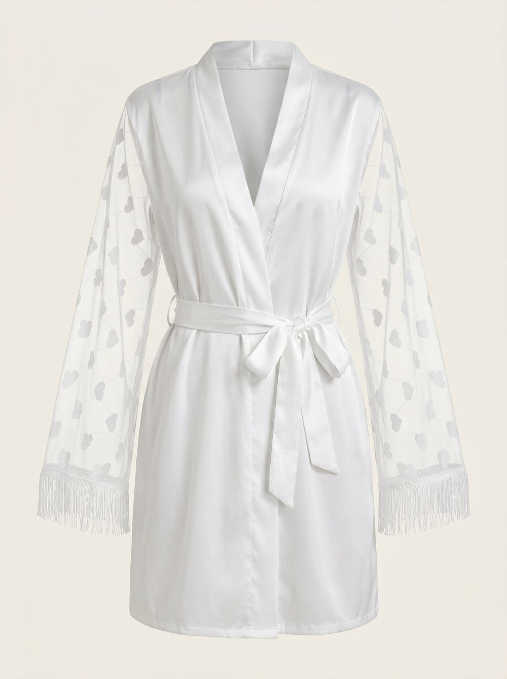 Kimono peignoir blanc transparent en satin avec motif cœurs