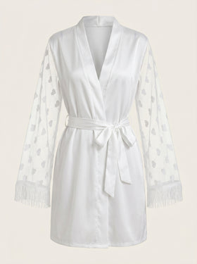 Sheer White Satin Kimono Robe with Heart Pattern-Kimono Robe-Bellascena-White-S-bellascena