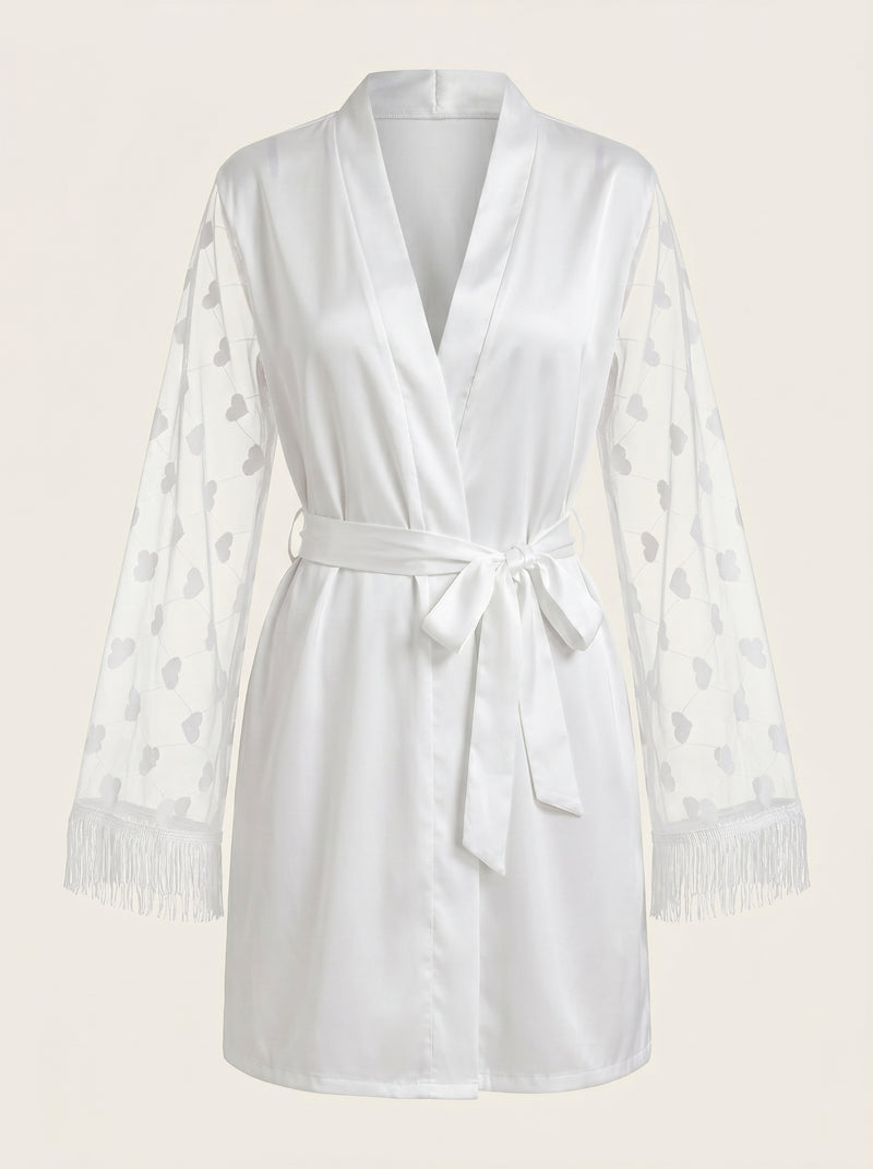 Sheer White Satin Kimono Robe with Heart Pattern