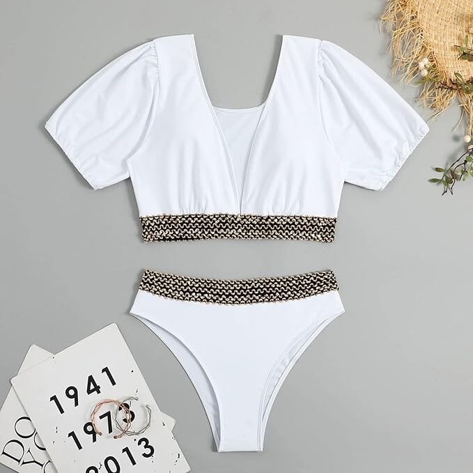 Solid Black Polyester One-Piece Swimsuit with Puff Sleeves-One-Piece Swimsuit-Bellascena-White-S-bellascena