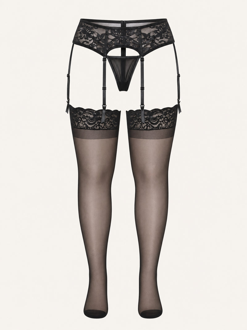 Solid Black Sheer Mesh Knee High Stockings with Rhinestones