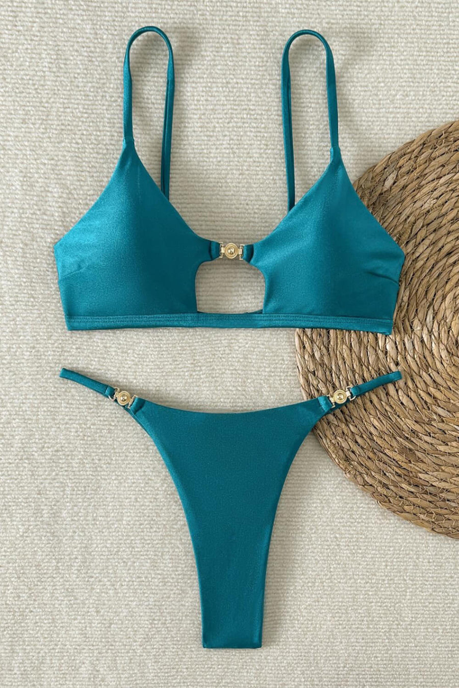 Solid Brown Satin Bralette Set with Gold Accents-Lingerie Set-Bellascena-bellascena