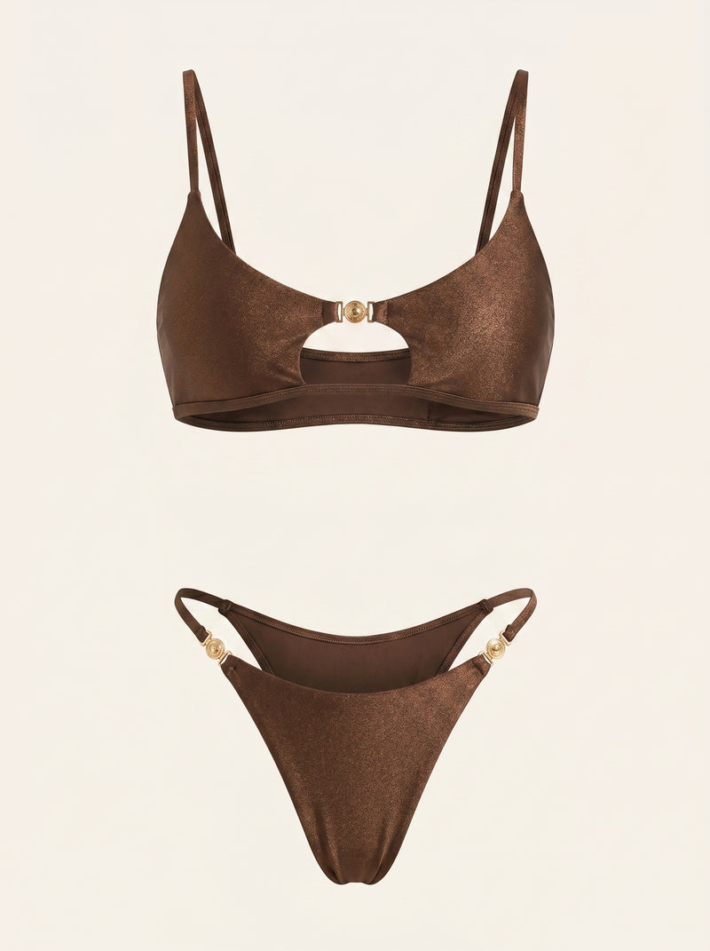 Set bralette in raso marrone tinta unita con dettagli dorati