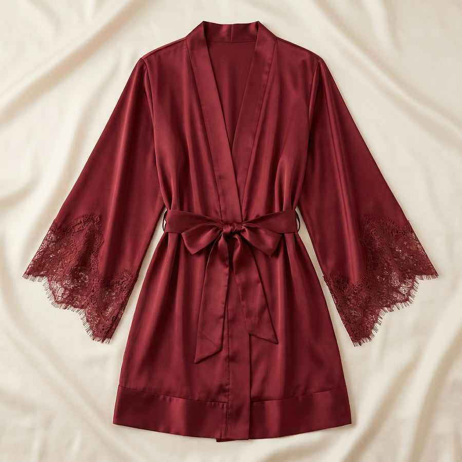 Solid Burgundy Satin Kimono Robe with Lace Trim-Kimono Robe-Bellascena-bellascena