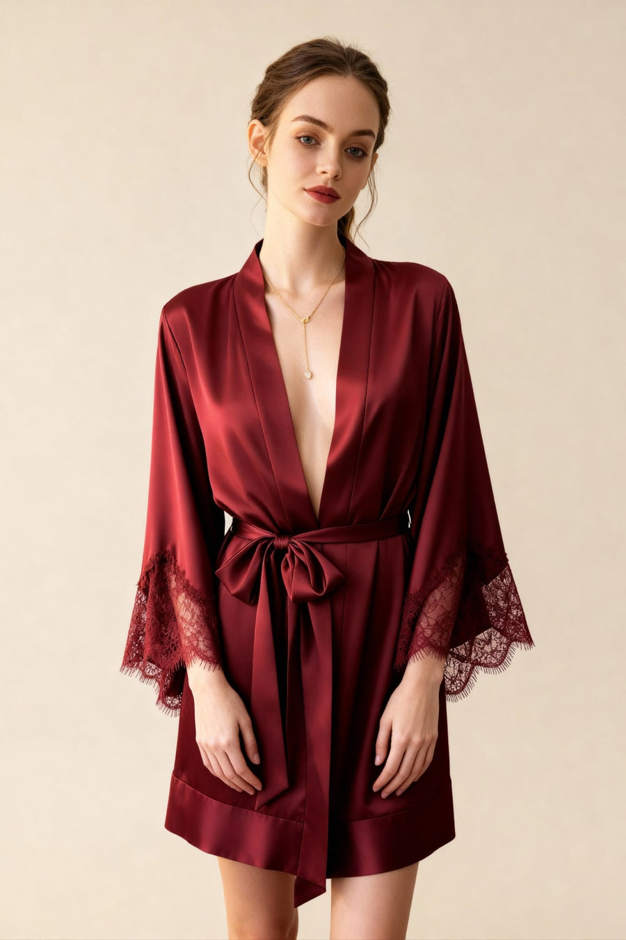 Solid Burgundy Satin Kimono Robe with Lace Trim-Kimono Robe-Bellascena-bellascena