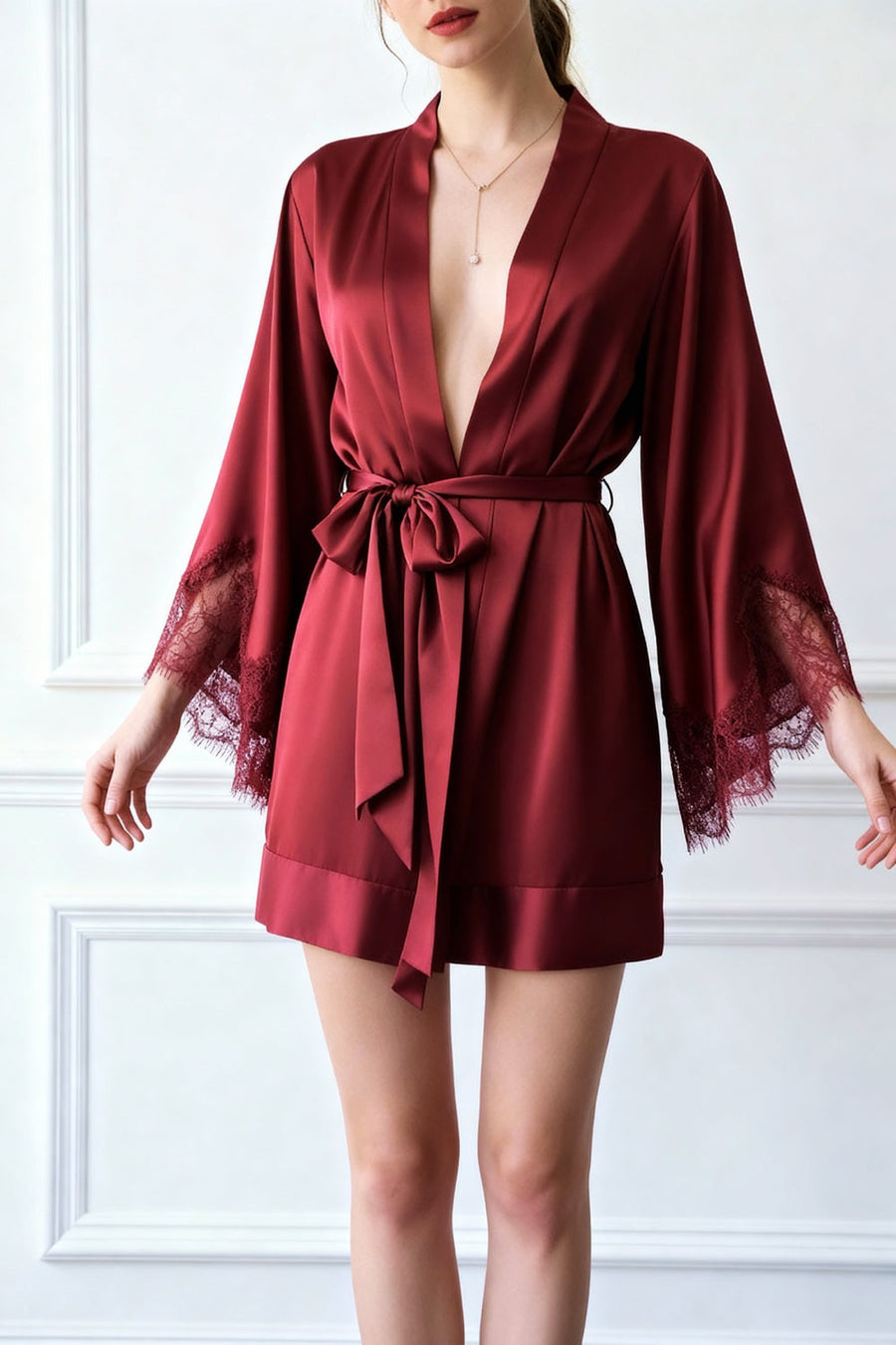 Solid Burgundy Satin Kimono Robe with Lace Trim-Kimono Robe-Bellascena-bellascena