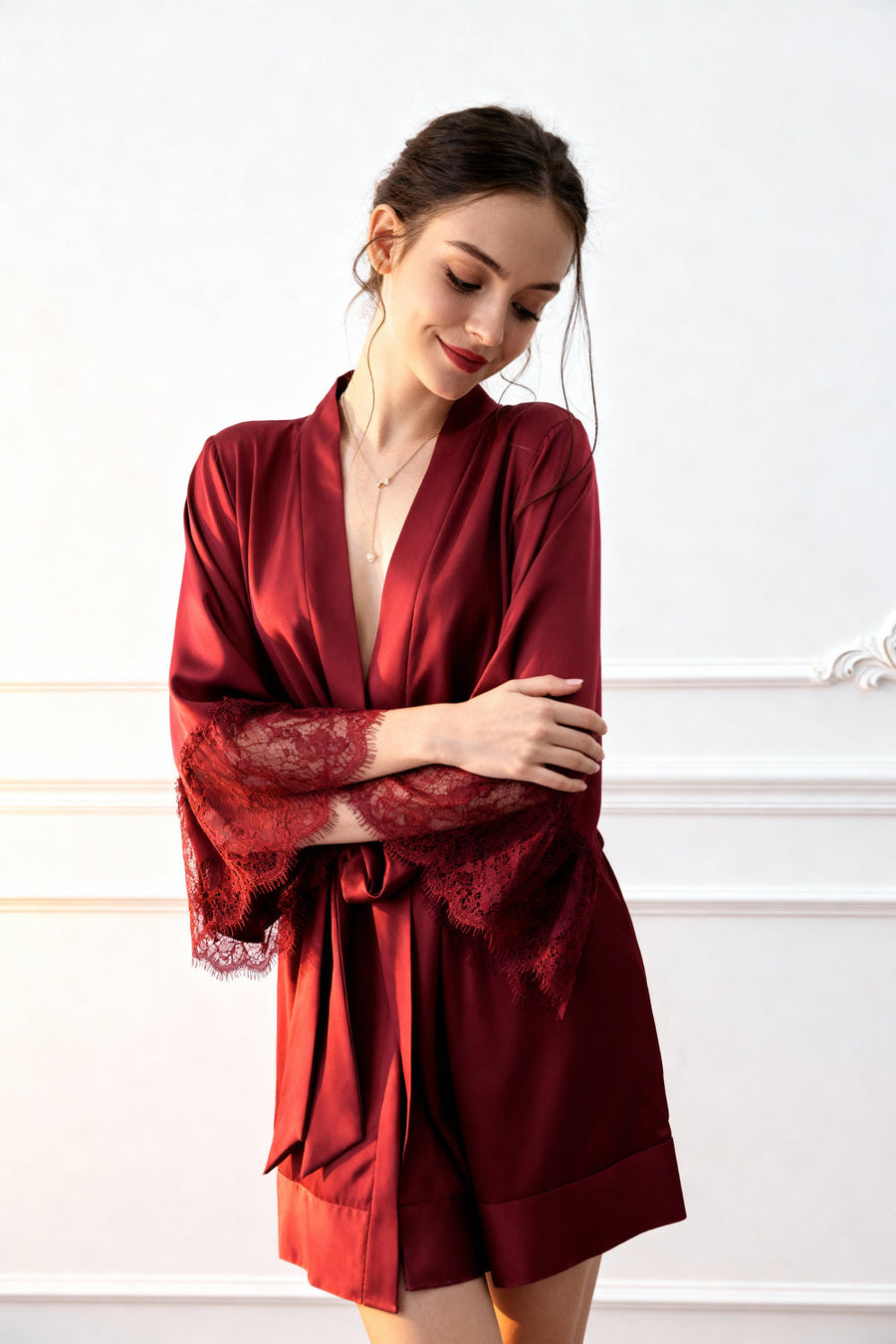 Solid Burgundy Satin Kimono Robe with Lace Trim-Kimono Robe-Bellascena-bellascena