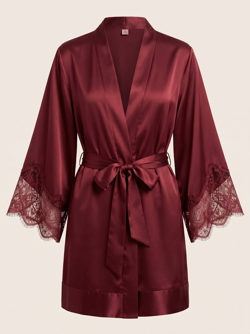 Vestaglia kimono in raso bordeaux tinta unita con bordino in pizzo