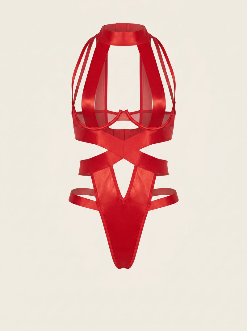 Solid Red Satin Bodysuit with Strappy Cutout