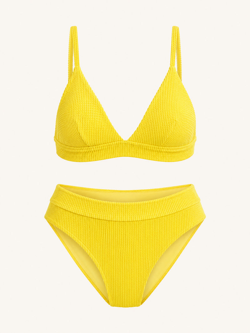 Ensemble de maillot de bain côtelé jaune uni avec bretelles tressées