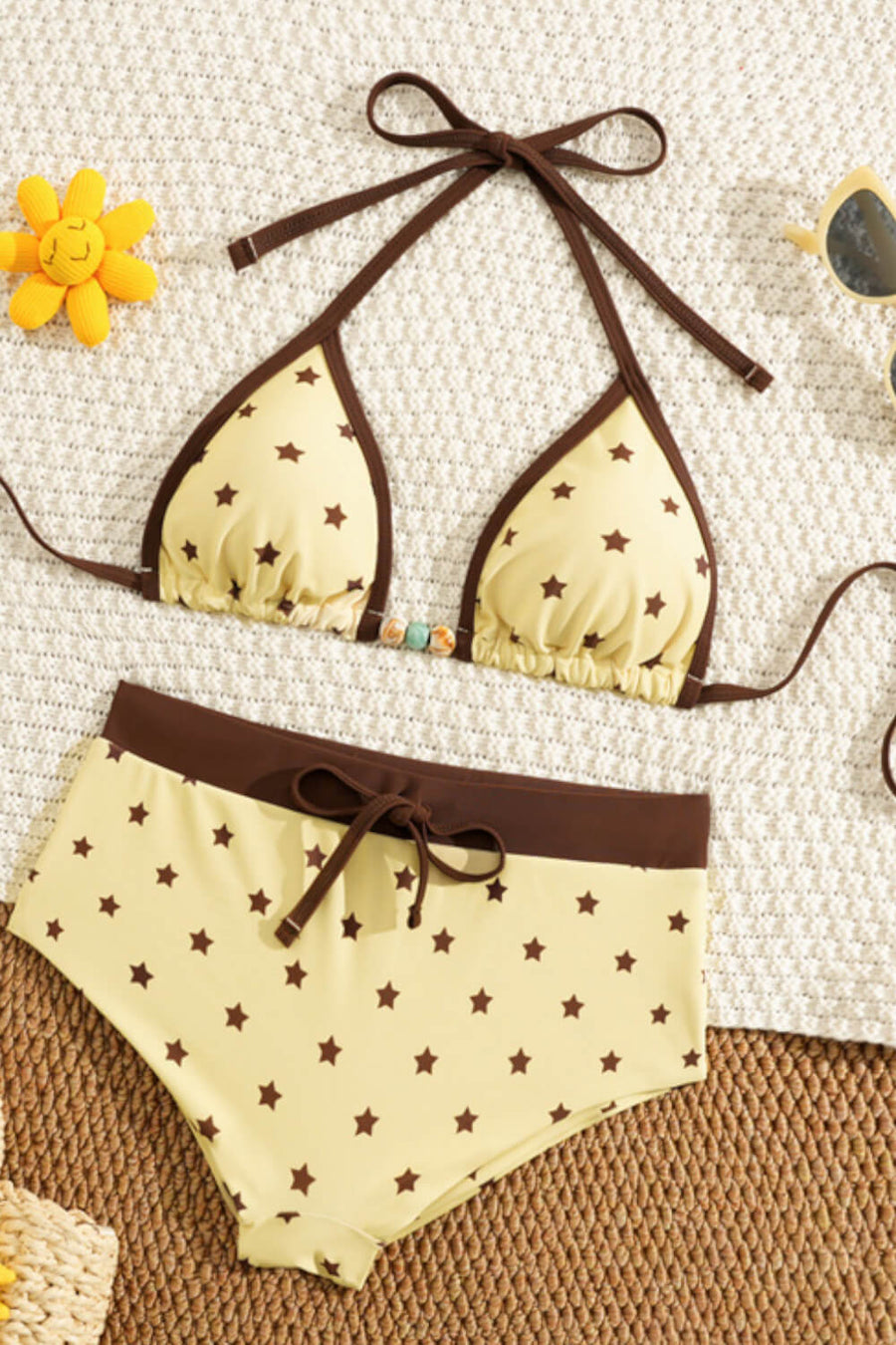 Star Print Nylon Bikini Set with Triangle Halter-Bikini Set-Bellascena-bellascena