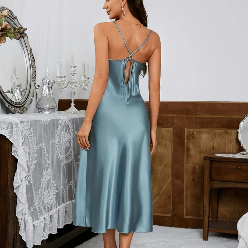 Steel Blue Satin Slipdress with Tie Back Detail-Nightgown-Bellascena-bellascena