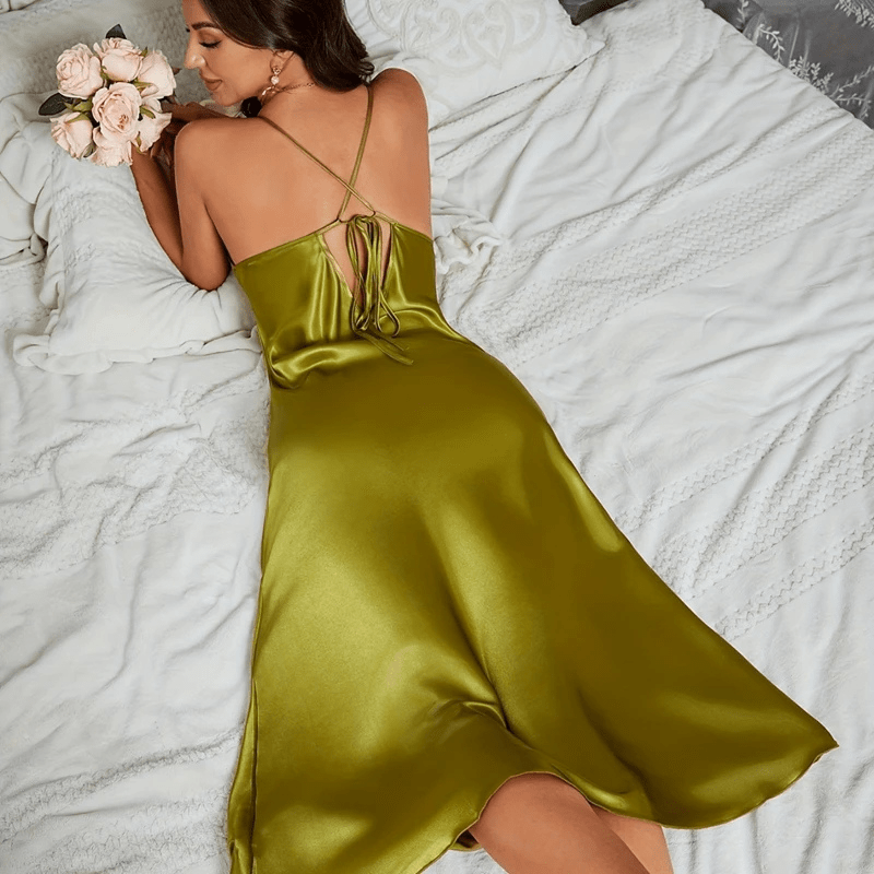 Steel Blue Satin Slipdress with Tie Back Detail-Nightgown-Bellascena-bellascena
