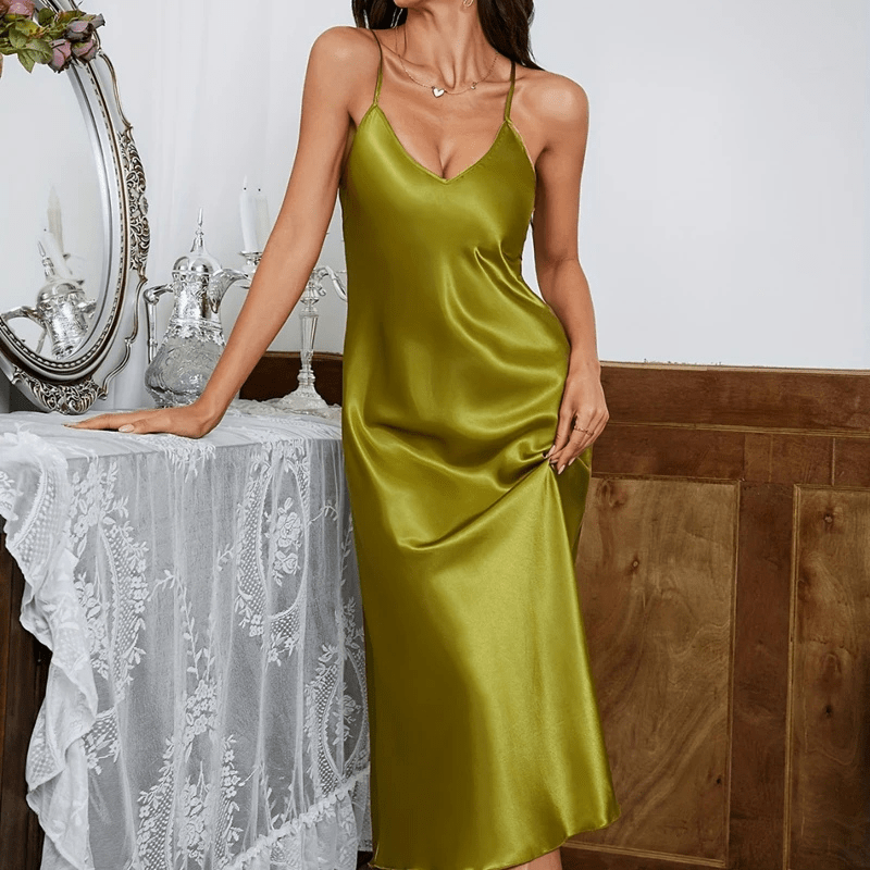 Steel Blue Satin Slipdress with Tie Back Detail-Nightgown-Bellascena-bellascena