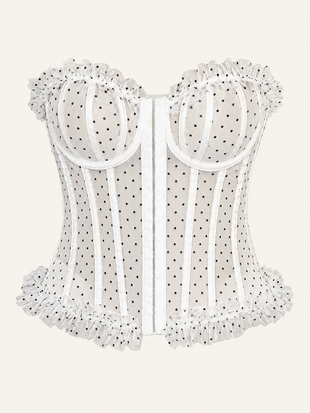 Strapless Black Polka Dot Tulle Corset with Ruffle Details