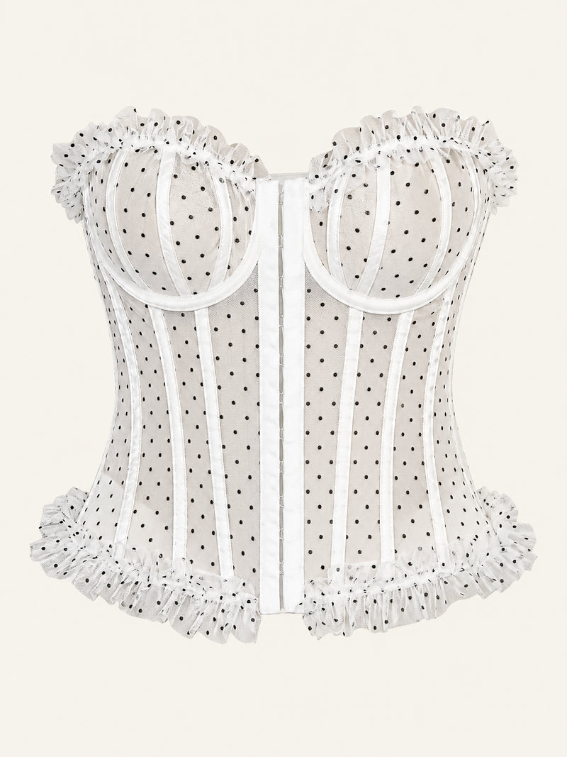 Strapless zwart korset van tule met stippen en ruches