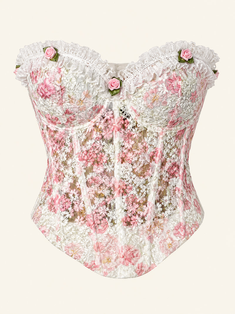 Top rosa floreale in pizzo senza spalline con bordi arricciati