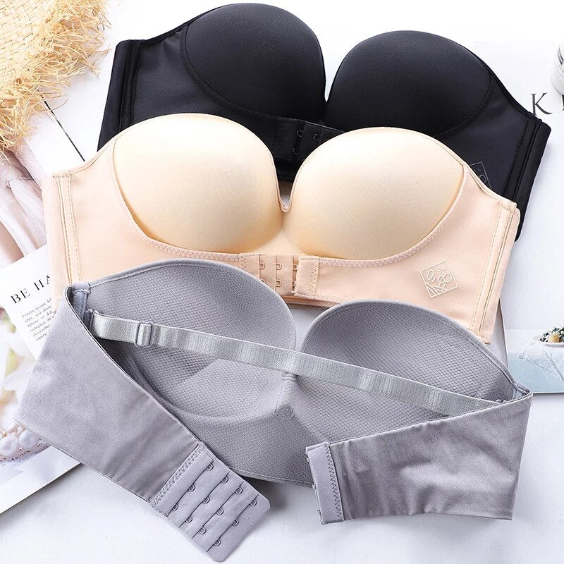 Strapless Seamless Beige & Black Satin Bra with Padded Support-Bra-Bellascena-bellascena
