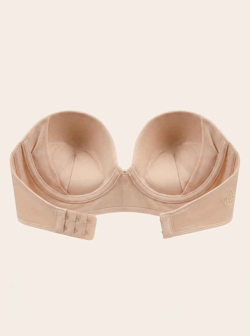 Sujetador de satén beige y negro sin tirantes, sin costuras y con soporte acolchado