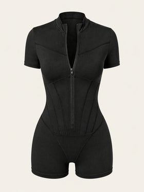 Strappy Black Cotton Bodysuit with Zipper Front-Bodysuit-Bellascena-S-Black Short-bellascena