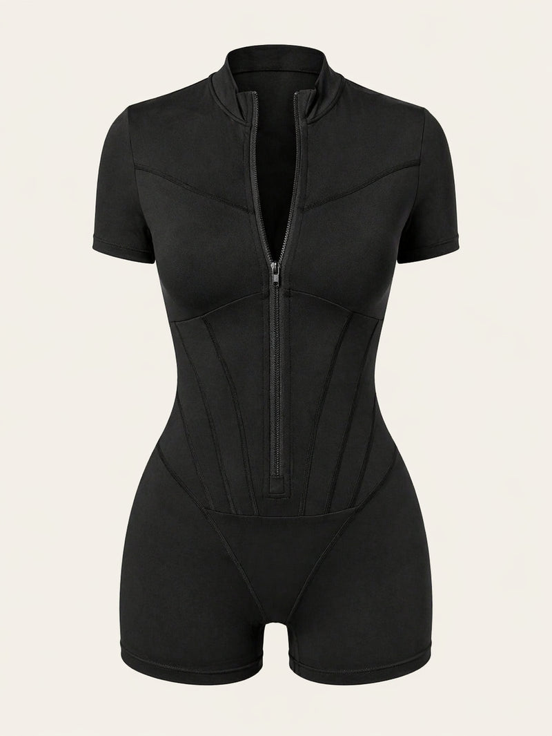 Strappy Black Cotton Bodysuit with Zipper Front