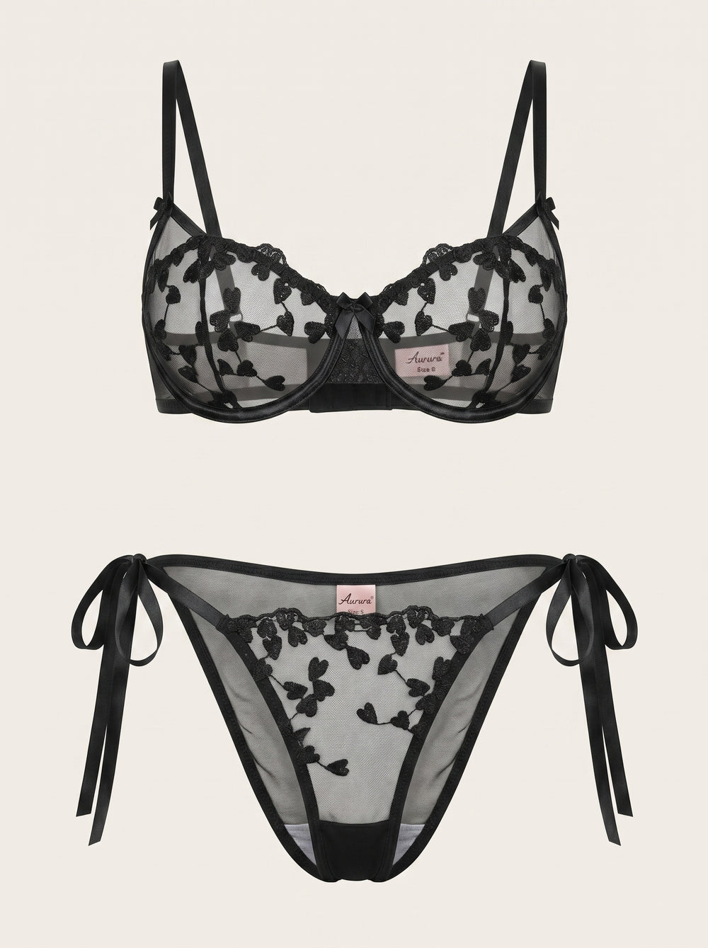 Strappy Black Floral Embroidered Mesh Lingerie Set with Bow Detail