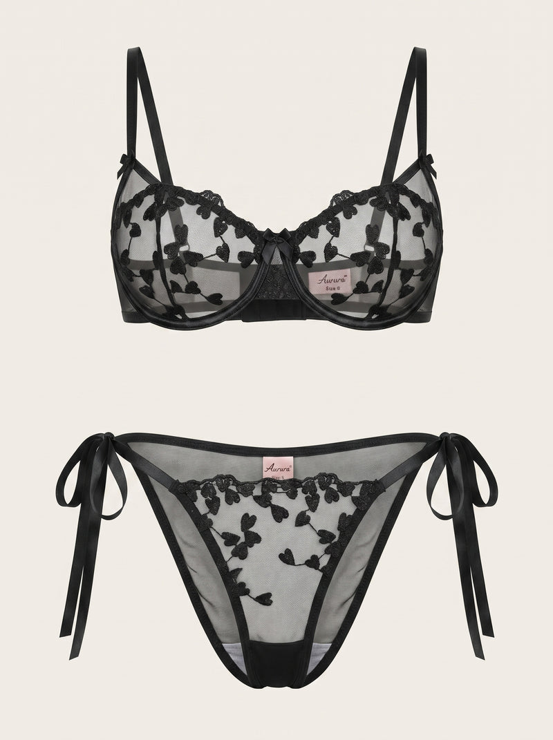 Strappy Black Floral Embroidered Mesh Lingerie Set with Bow Detail