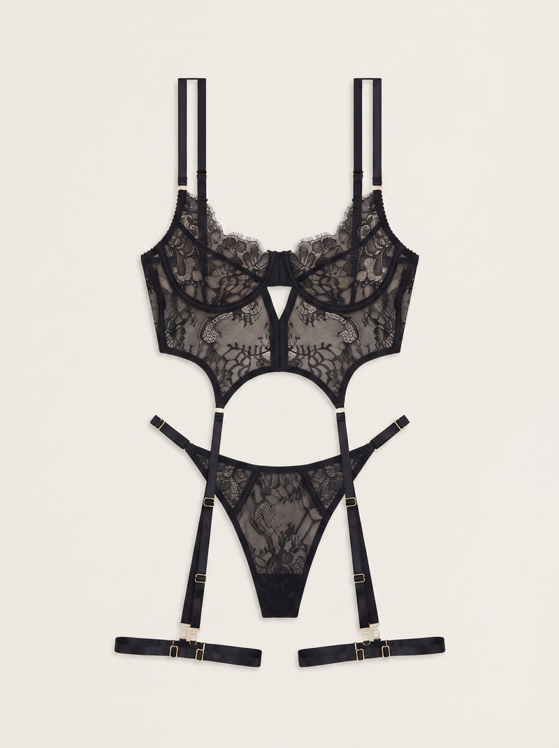 Strappy Black Lace Bodysuit with Lace-Up Back