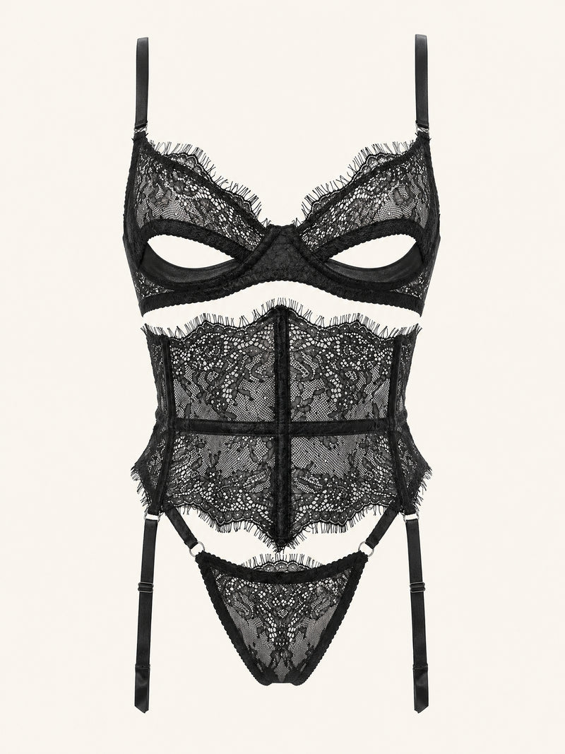Strappy Black Lace Bodysuit with Sheer Cutout Design