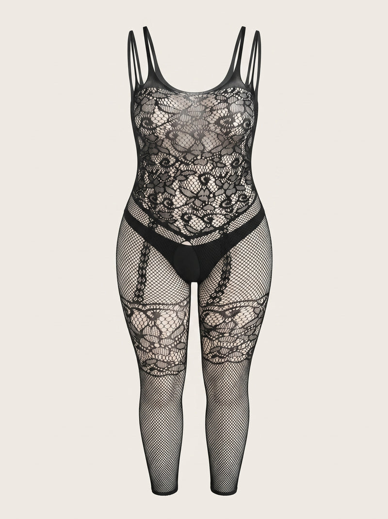 Strappy Black Lace Bodysuit with Sheer Cutouts