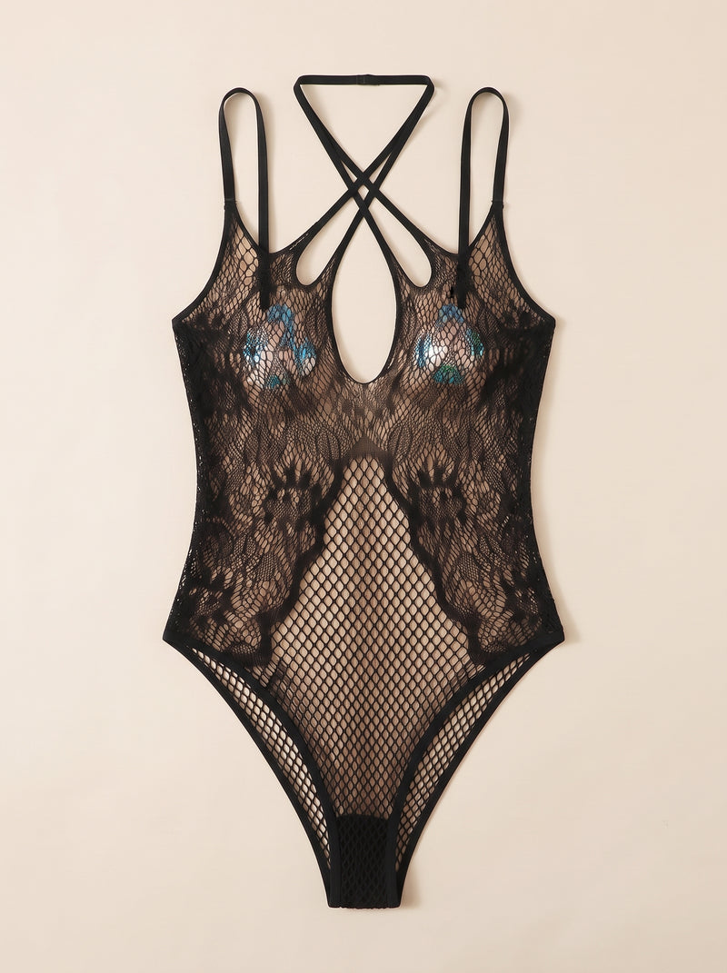 Strappy Black Lace Bodysuit with Sheer Cutouts