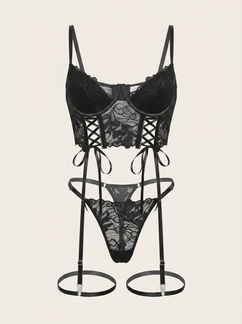 Strappy Black Lace Bodysuit with Sheer Detail