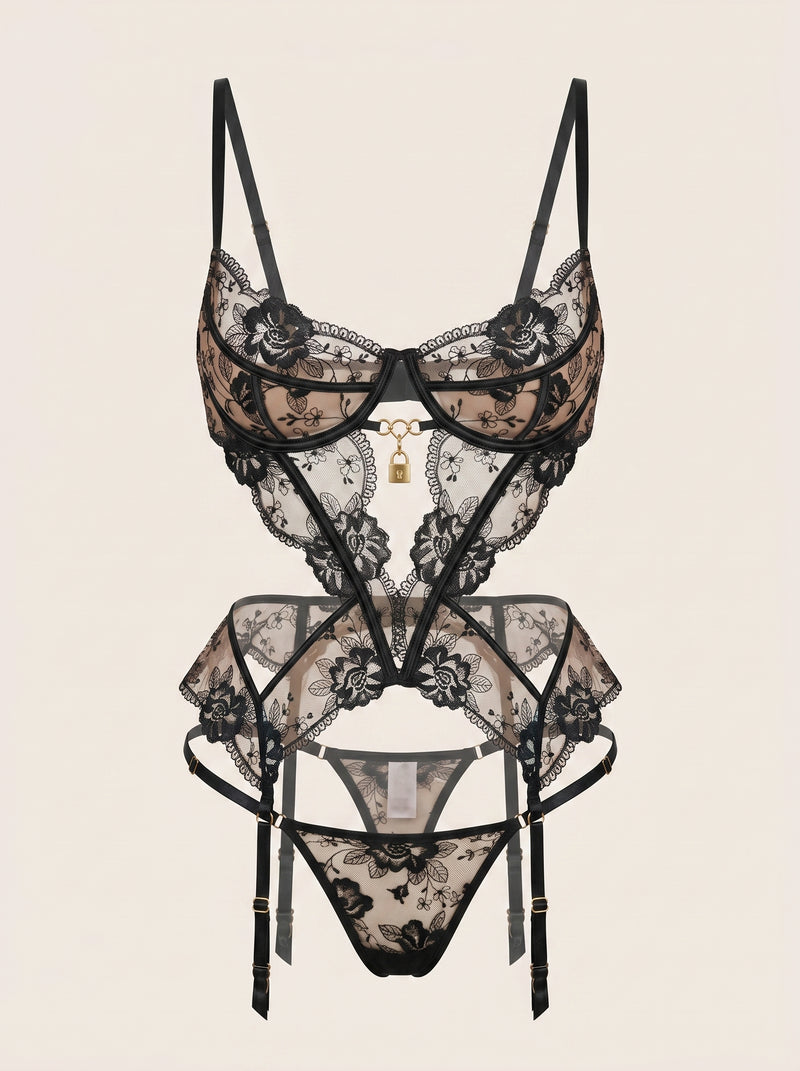 Strappy Black Lace Bodysuit with Sheer Details