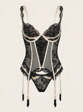 Strappy Black Lace Bodysuit with Underwired Design-Corset-Bellascena-Black-S-bellascena