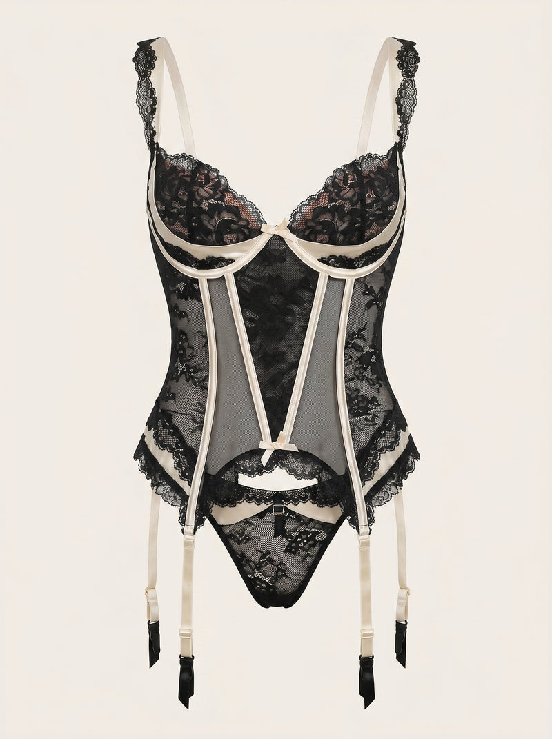 Strappy Black Lace Bodysuit with Underwired Design