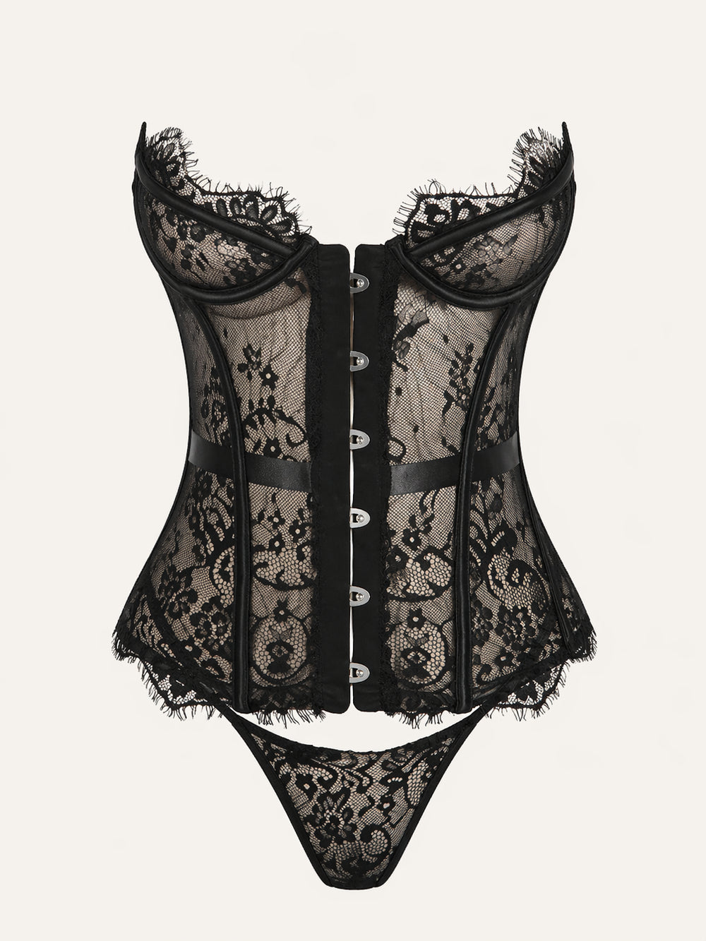 Strappy Black Lace Corset Bra Set with Fringe Detail