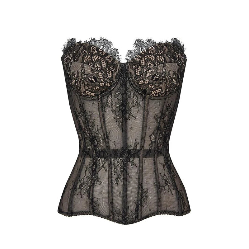 Strappy Black Lace Corset with Sheer Design-Corset-Bellascena-bellascena