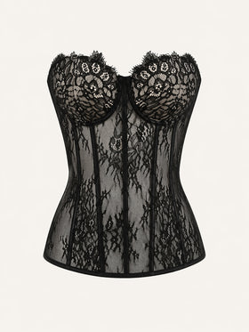 Strappy Black Lace Corset with Sheer Design-Corset-Bellascena-Black-S-bellascena