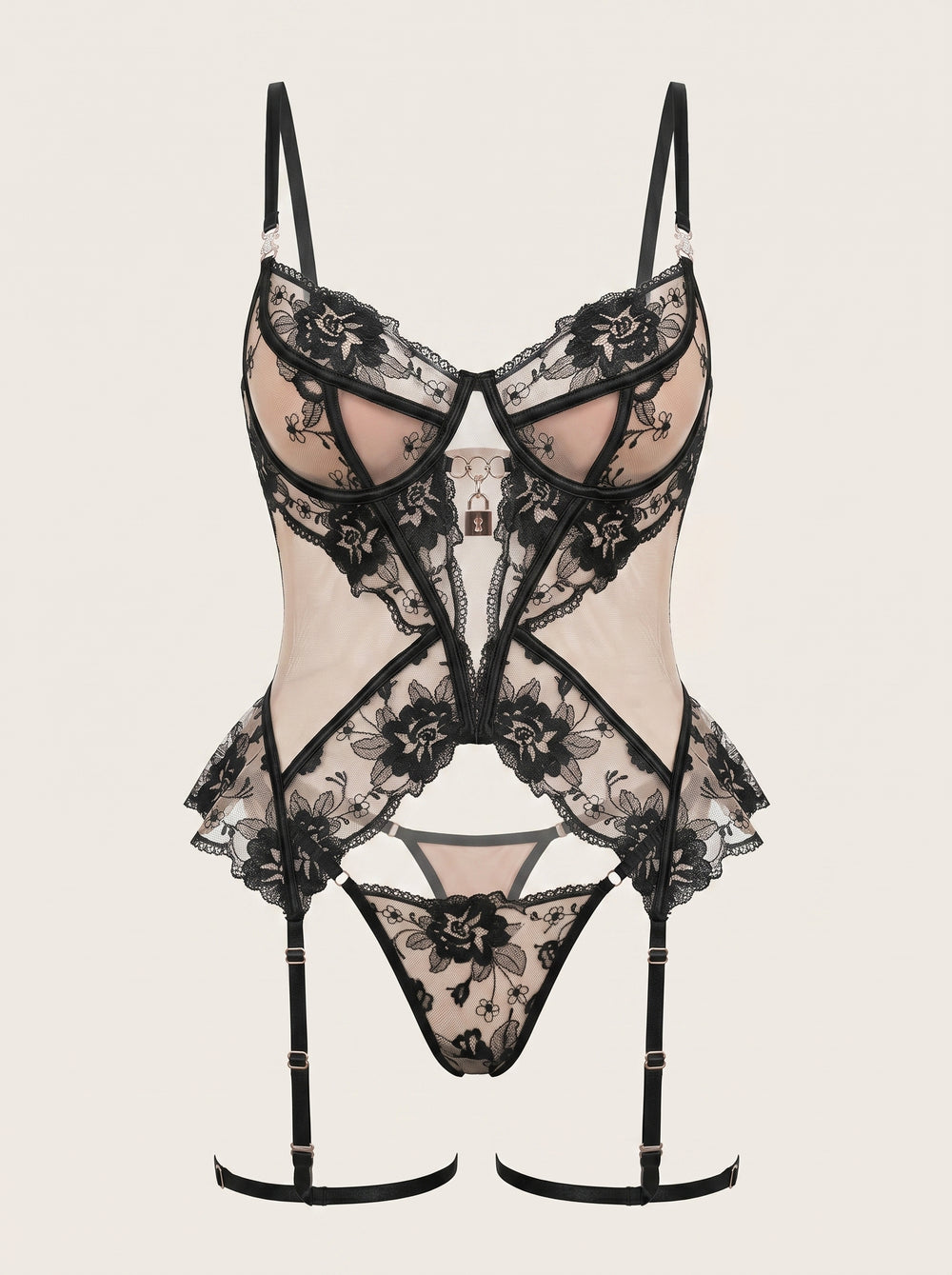 Strappy Black Lace Lingerie Set with Underwired Cups
