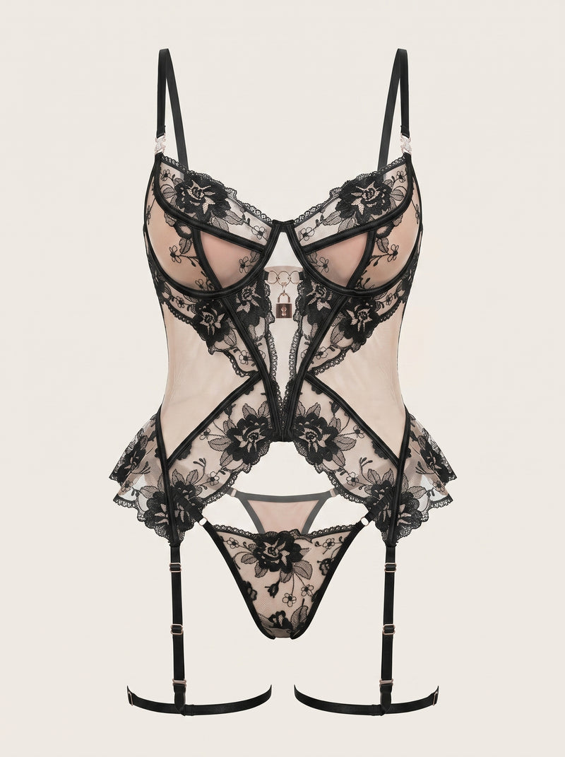 Strappy Black Lace Lingerie Set with Underwired Cups