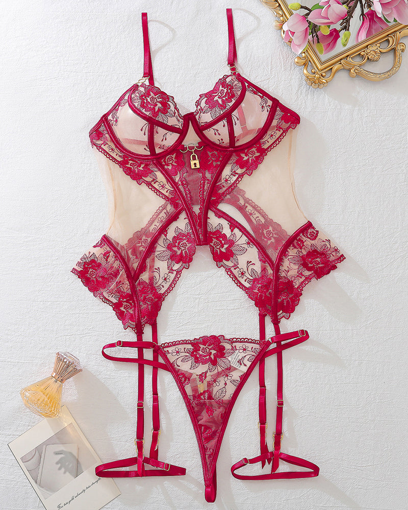 Strappy Black Lace Lingerie Set with Underwired Cups-Corset-Bellascena-Wine Red-S-bellascena