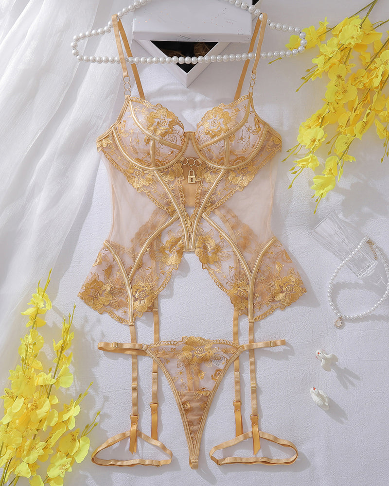 Strappy Black Lace Lingerie Set with Underwired Cups-Corset-Bellascena-Yellow-S-bellascena
