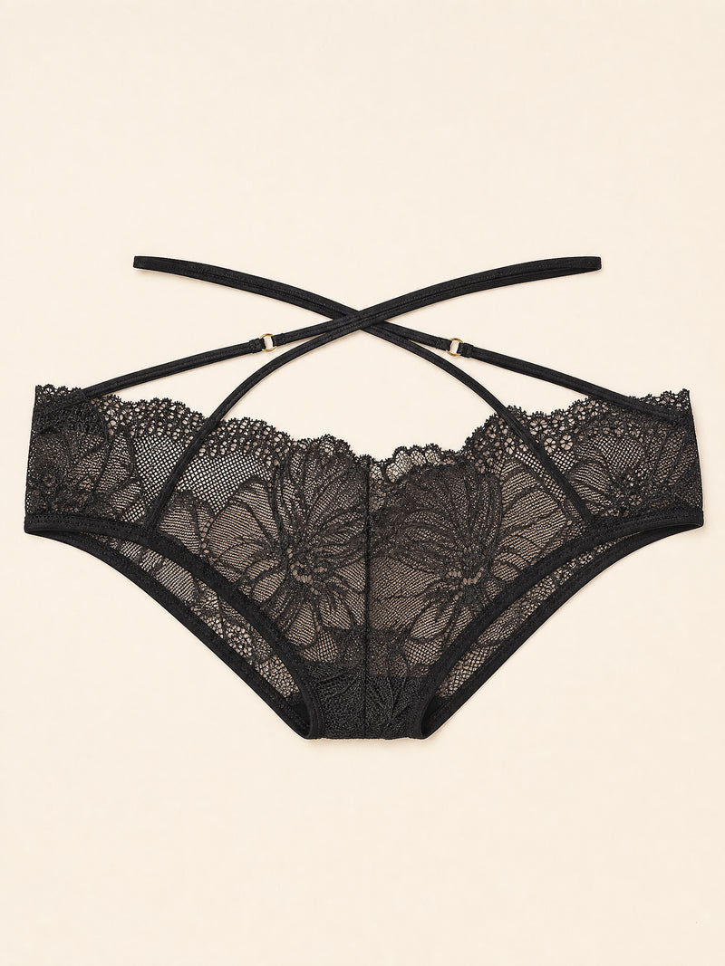Strappy Black Lace Panty with Criss-Cross & Ring Detail