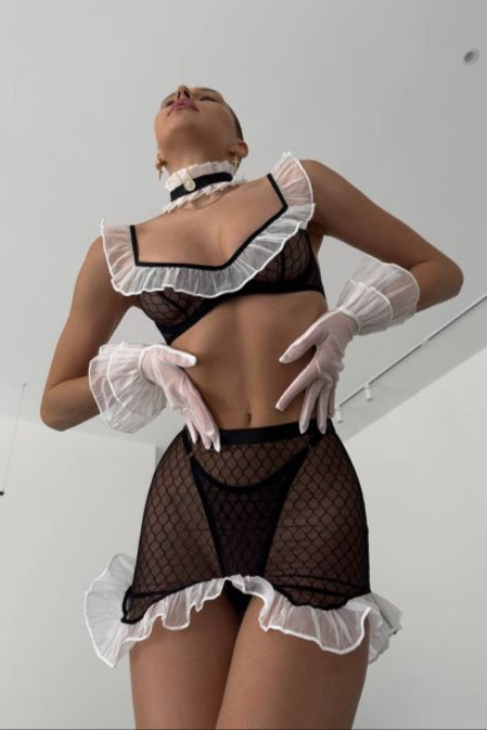 Strappy Black Mesh Babydoll with White Ruffle Details-Nightgown-Bellascena-bellascena