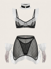 Black Mesh Lingerie Set with White Ruffle Details