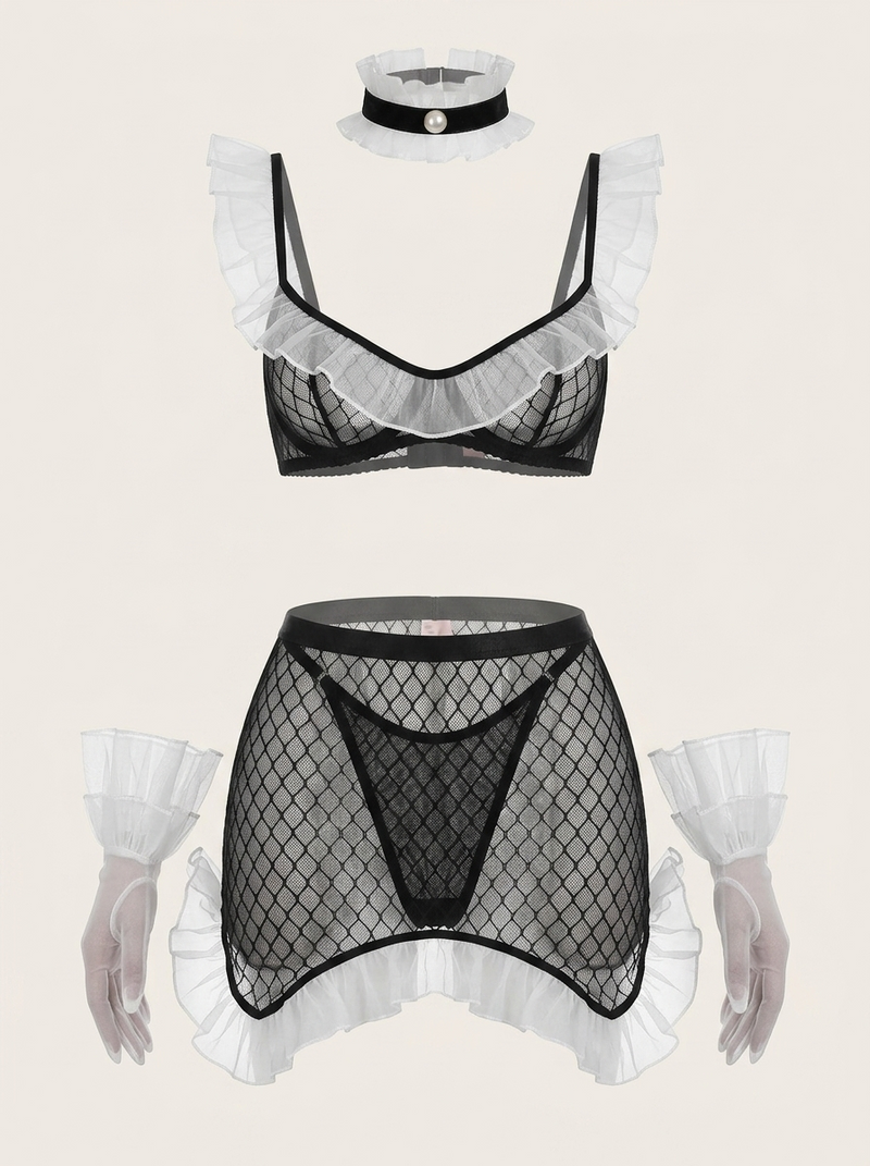 Strappy Black Mesh Babydoll with White Ruffle Details
