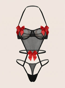 Strappy Black Mesh Bodysuit with Bow Detail-Bodysuit-Bellascena-Black-S-bellascena