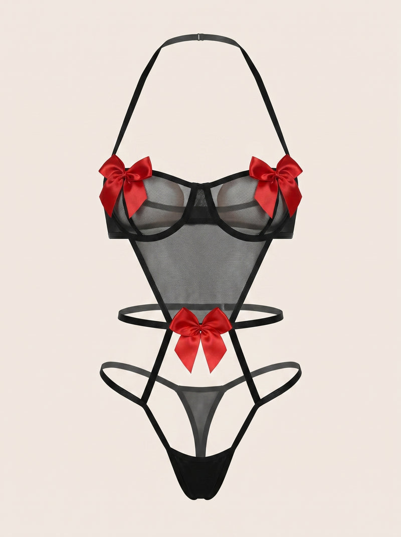 Strappy Black Mesh Bodysuit with Bow Detail